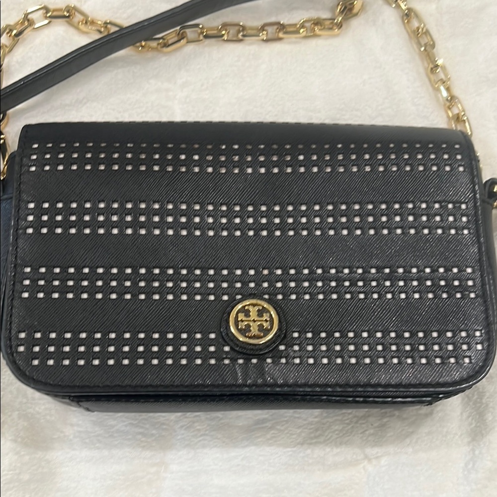 Tory Burch Black and Gold Crossbody Bag with Studded Detailing